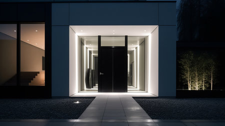 A minimalist, monochromatic facade with accent lighting. AI generated illustrationの素材