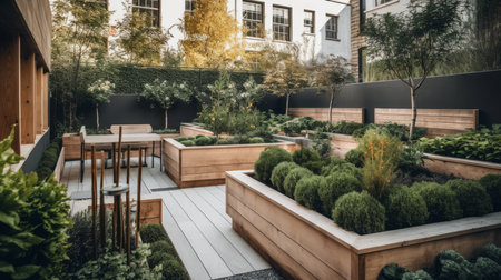 A modern garden with geometric raised beds and minimalist outdoor furniture. AI generated illustrationの素材