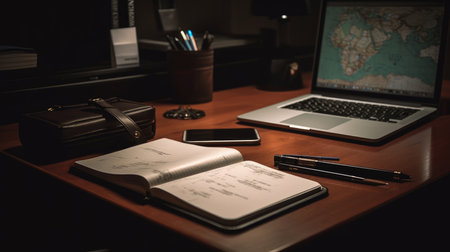 Desk with a laptop, notepad, and pen. AI generated illustrationの素材