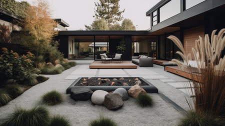 A clean-lined backyard with a minimalist fire pit and low-maintenance landscaping. AI generated illustrationの素材