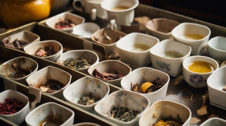 Selection of tea bags and tea cups. AI generated illustrationの素材