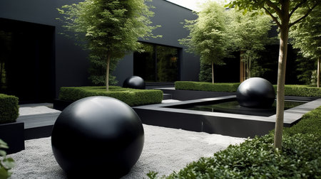 A clean-lined modern garden with a monochromatic color palette and statement sculptures. AI generated illustrationの素材