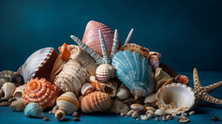 Collection of seashells and coral on a blue background. AI generated illustrationの素材