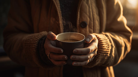 Warm feeling of holding a mug of coffee on a cool morning. AI generated illustrationの素材