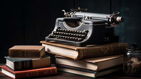 Typewriter on a stack of books with a notebook. AI generated illustrationの素材