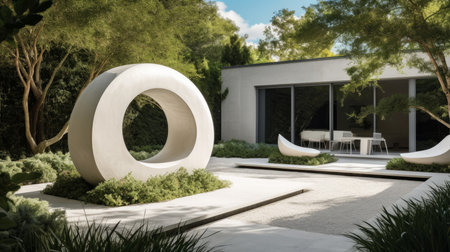 A clean-lined modern garden with a monochromatic color palette and statement sculptures. AI generated illustrationの素材