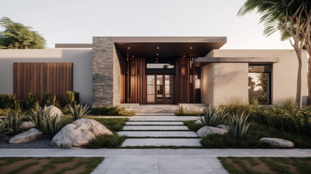 A modern exterior with simple yet striking landscaping and a minimalist gate design. AI generated illustrationの素材