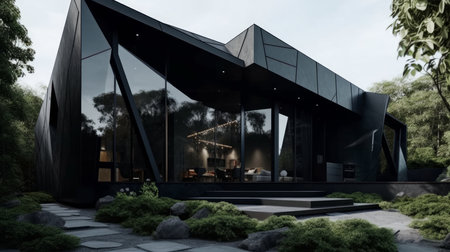 A bold, black exterior with intriguing asymmetrical shapes. House exterior design. AI generated illustrationの素材