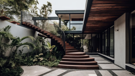 A minimalist exterior with a bold floating staircase. AI generated illustrationの素材