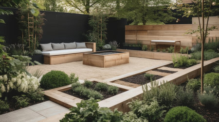 A modern garden with geometric raised beds and minimalist outdoor furniture. AI generated illustrationの素材