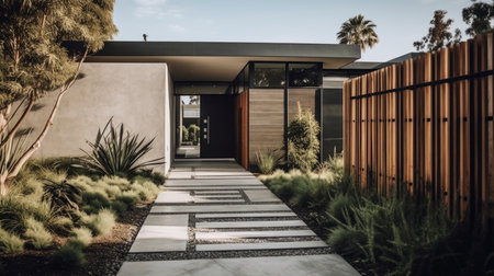 A modern exterior with simple yet striking landscaping and a minimalist gate design. AI generated illustrationの素材