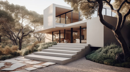 A minimalist exterior with a bold floating staircase. AI generated illustrationの素材