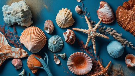 Collection of seashells and coral on a blue background. AI generated illustrationの素材