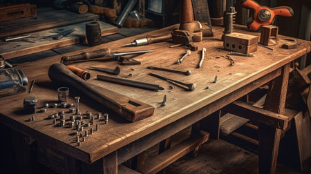 Workbench with tools, screws and nails. AI generated illustrationの素材