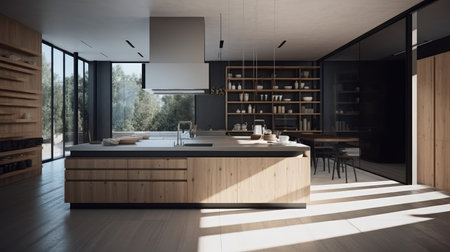 Clean lines and open spaces in minimalistic kitchen. AI generated illustrationの素材