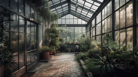 Glass walls and minimal decor in a modern greenhouse. AI generated illustrationの素材