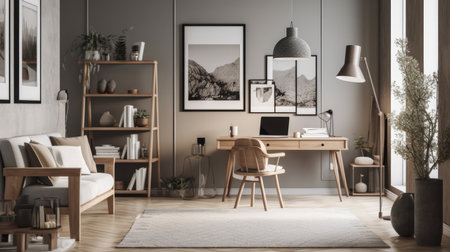 Neutral palette and minimal decor in a home office. AI generated illustrationの素材