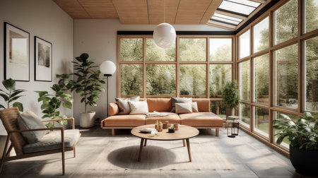 Minimalist decor and natural lighting in a sunroom. AI generated illustrationの素材