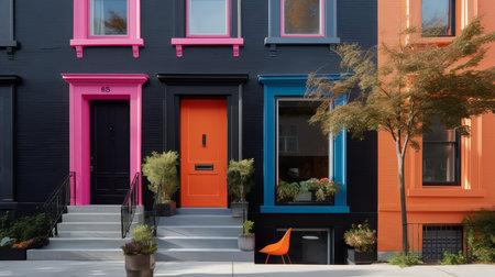 An unassuming facade with a bold and unexpected pop of color. AI generated illustrationの素材