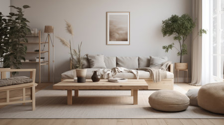 Minimalist decor and modern art in an art collector's living room. AI generated illustrationの素材