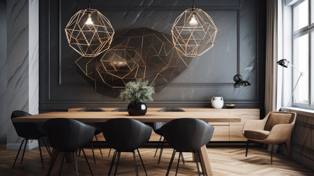 Geometric shapes and clean surfaces in a trendy dining area. AI generated illustrationの素材