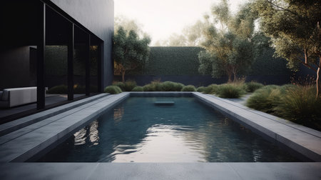 Minimalist pool design with clean lines and minimal landscaping. AI generated illustrationの素材