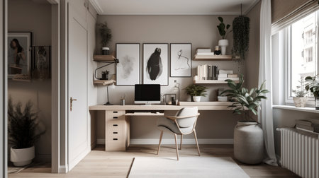 Neutral palette and minimal decor in a home office. AI generated illustrationの素材