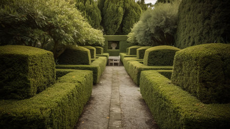 Symmetrical boxwood hedge outlining the garden, with minimalist white chairs to rest. AI generated illustrationの素材