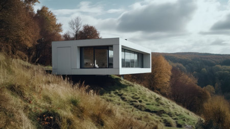 The minimalist design of this building allows for a strong connection between the structure and the natural environment. AI generated illustrationの素材