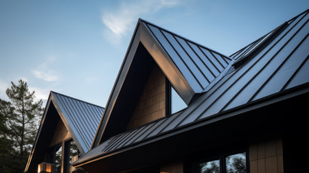 Sharp, angular rooflines with a sleek metal finish. AI generated illustrationの素材