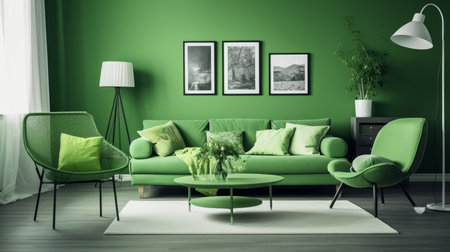 Monochromatic color scheme green interior wall. AI generated illustrationの素材