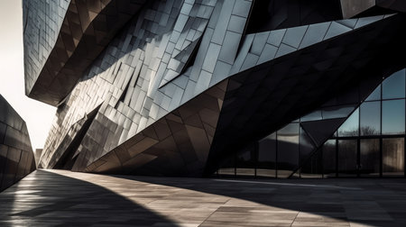 The play of light and shadow on the angular forms of this building creates an ever-changing visual spectacle. AI generated illustrationの素材