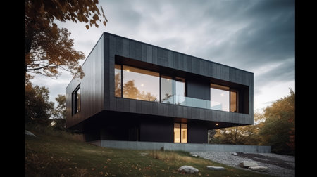 A modern and inviting home with full glass walls and a wooden facade. AI generated illustrationの素材