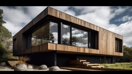 A modern and inviting home with full glass walls and a wooden facade. AI generated illustrationの素材