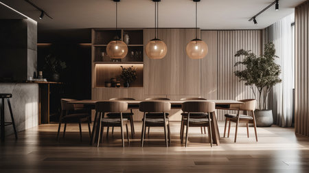 Minimalist furniture and accent lighting in a modern dining room. AI generated illustrationの素材