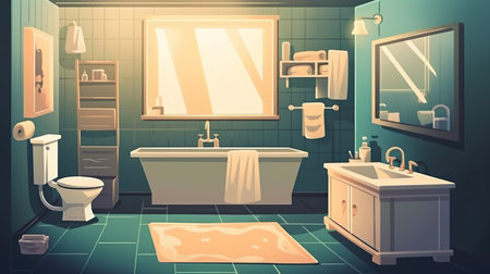 Bathroom - A room in a house where a person can bath. AI generated illustrationの素材