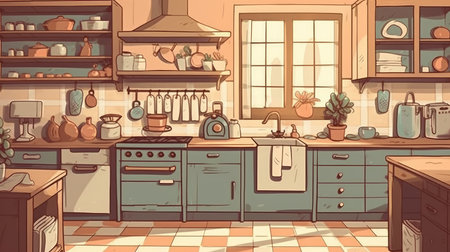 Kitchen - A room or area where food is prepared. AI generated illustrationの素材