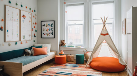 Minimalist decor and pops of color in a child's minimalistic bedroom. AI generated illustrationの素材