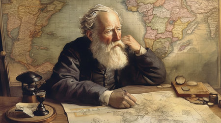The famous explorer charting the unexplored world. AI generated illustrationの素材