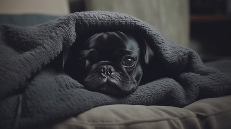 A black pug snuggling in a cozy bed. AI generated illustrationの素材