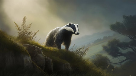 A brave badger standing its ground. AI generated illustrationの素材