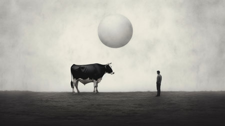 A black and white cow mooing at its farmer. AI generated illustrationの素材