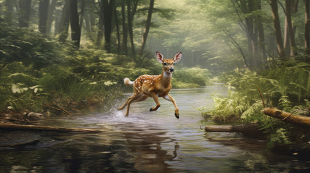 A baby deer leaping across a stream. AI generated illustrationの素材