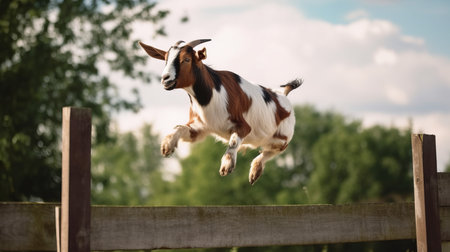 A brown and white goat jumping over a fence. AI generated illustrationの素材