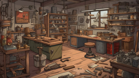 Workshop - A room or building where tools and machin. AI generated illustrationの素材