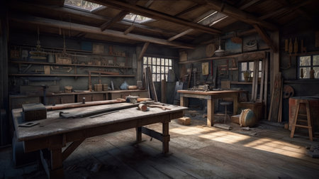 Workshop - A room or building where tools and machin. AI generated illustrationの素材