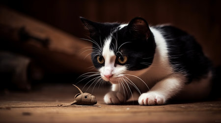 A black and white tuxedo cat playing with a toy mous. AI generated illustrationの素材