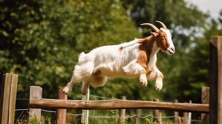 A brown and white goat jumping over a fence. AI generated illustrationの素材