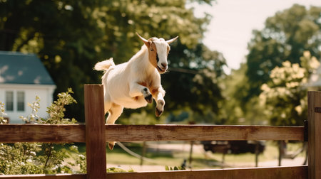 A brown and white goat jumping over a fence. AI generated illustrationの素材
