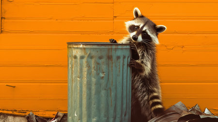 A curious raccoon investigating a trash can. AI generated illustrationの素材